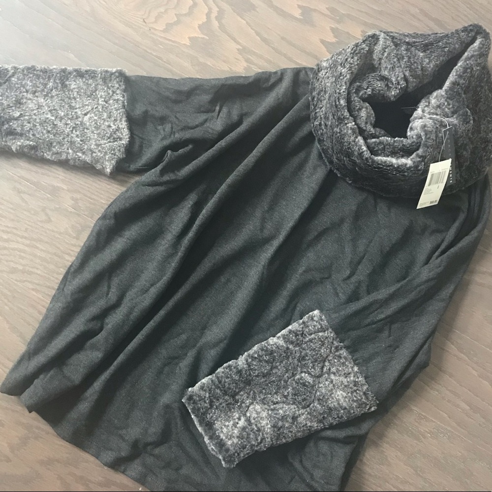 NWT Gray Faux Fur Cowl Neck Pullover Top